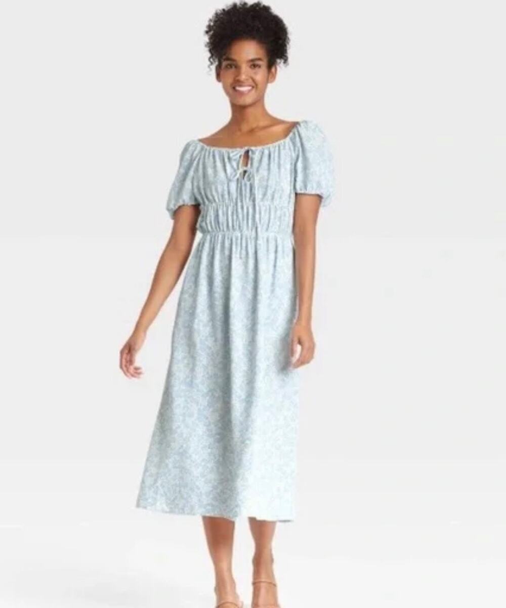 Who What Wear Blue Floral Milkmaid Dress Size Large Cottagecore Puff Sleeve Midi